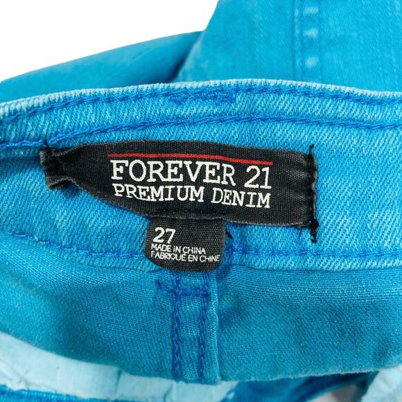 F21 Denim Shorts Size 27 Turquoise Distressed Premium Denim - Picture 3 of 4